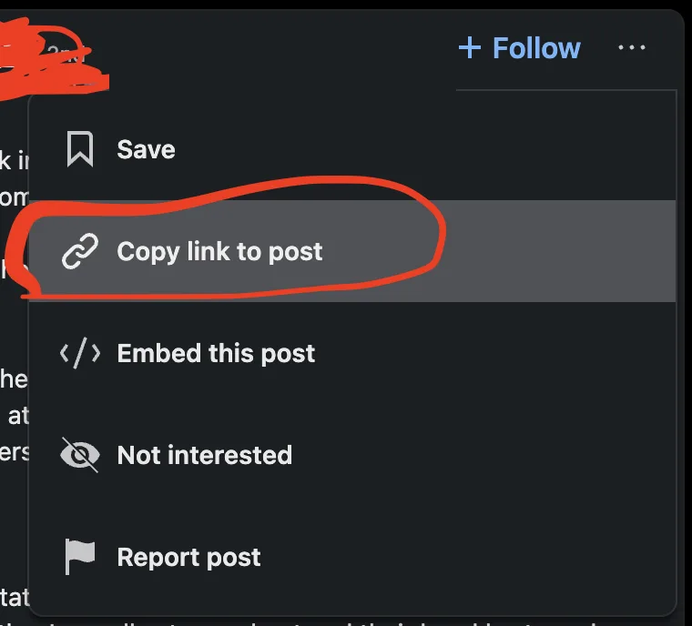 LinkedIn post menu with the Copy link to post option highlighted